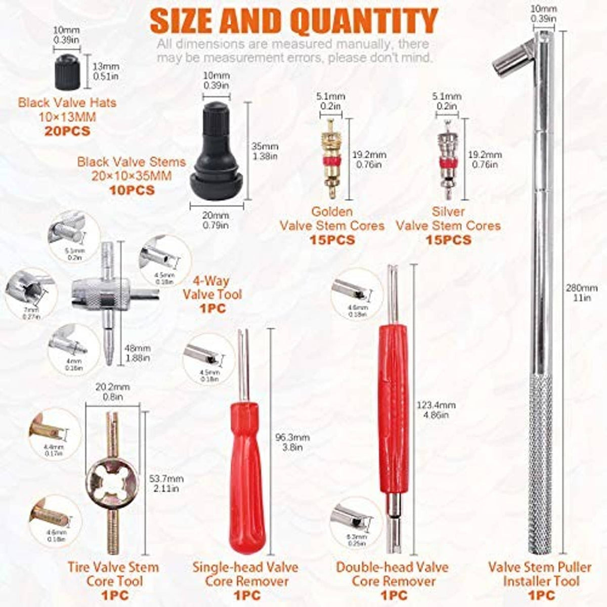 Valve stem tool kit size guide showing valve hats, valve cores, and stem lengths