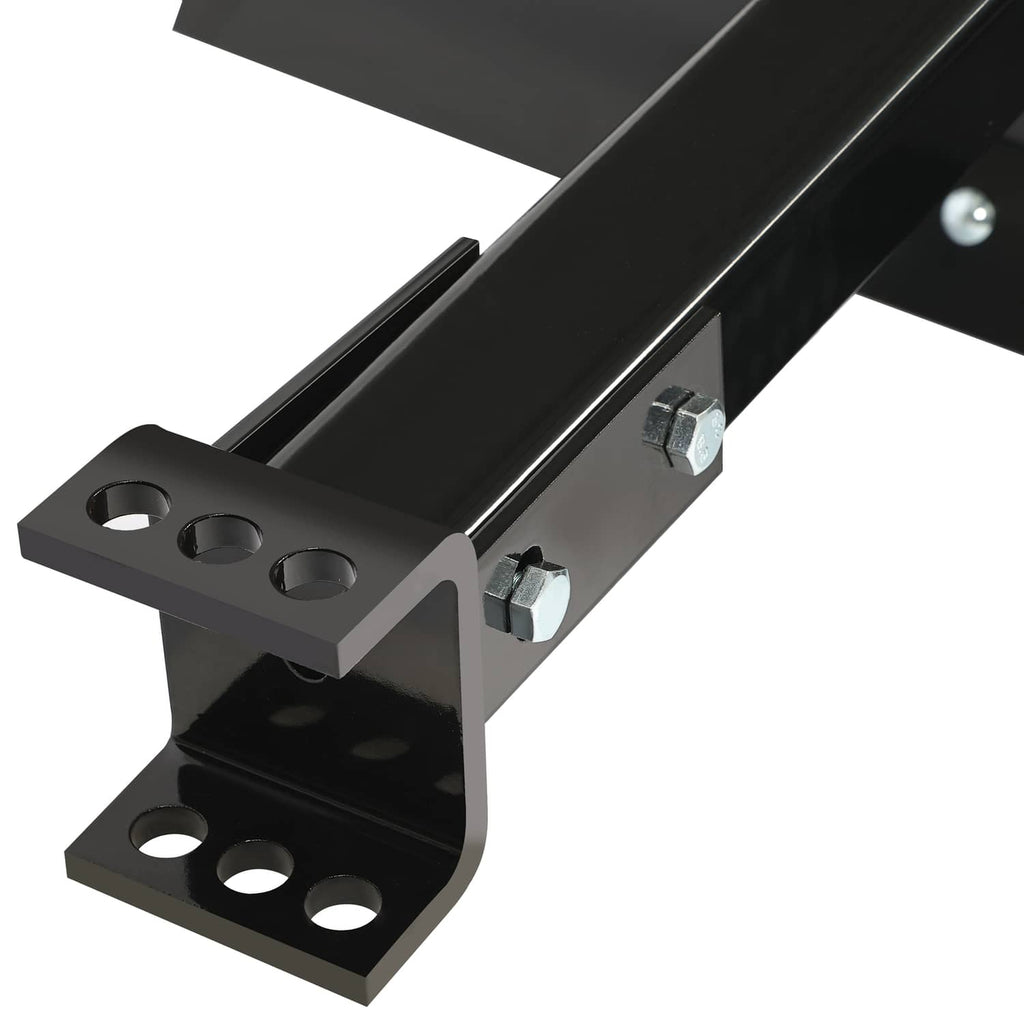 Hitch mounting plate detail for tow-behind scrape blade, black steel with bolt holes