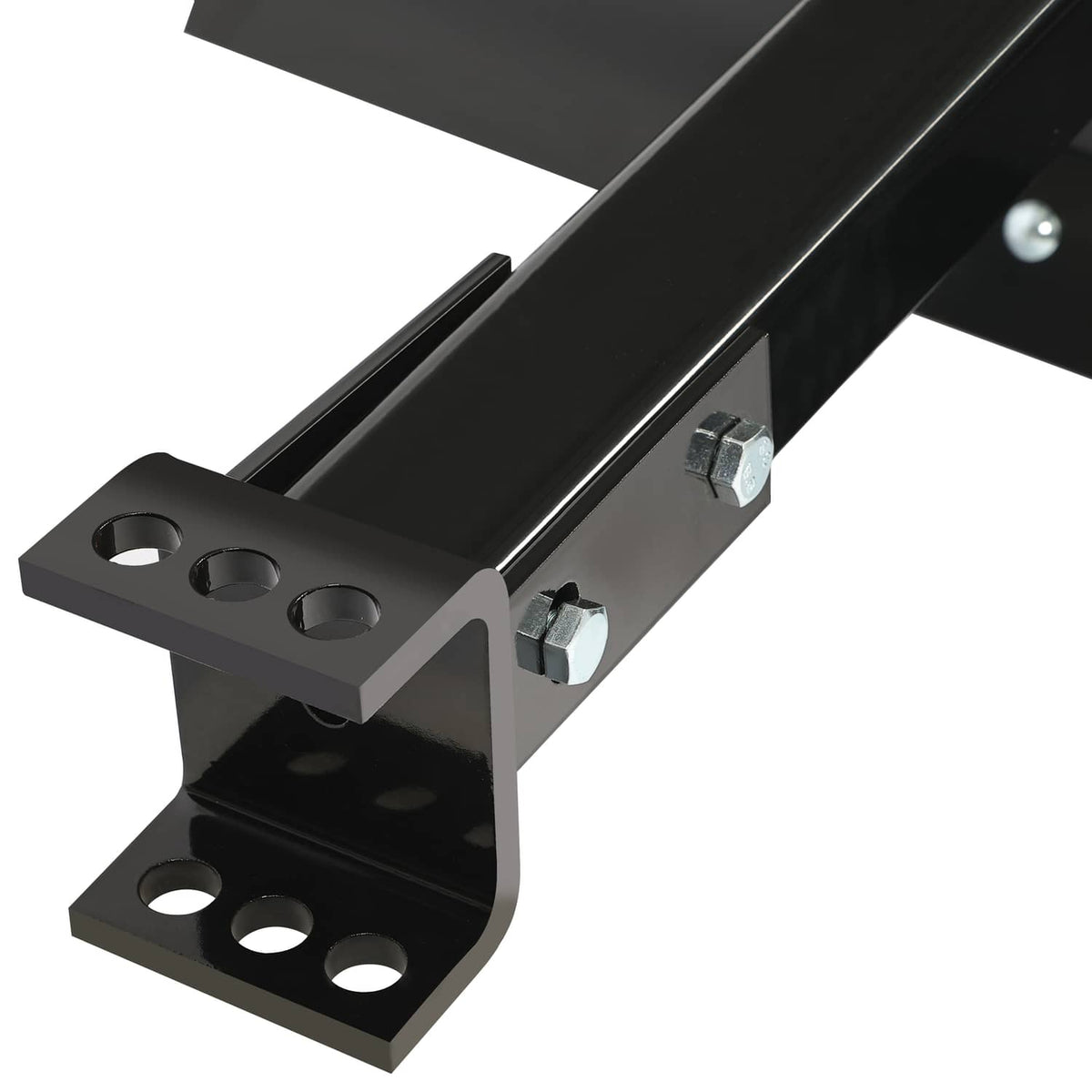 Hitch mounting plate detail for tow-behind scrape blade, black steel with bolt holes
