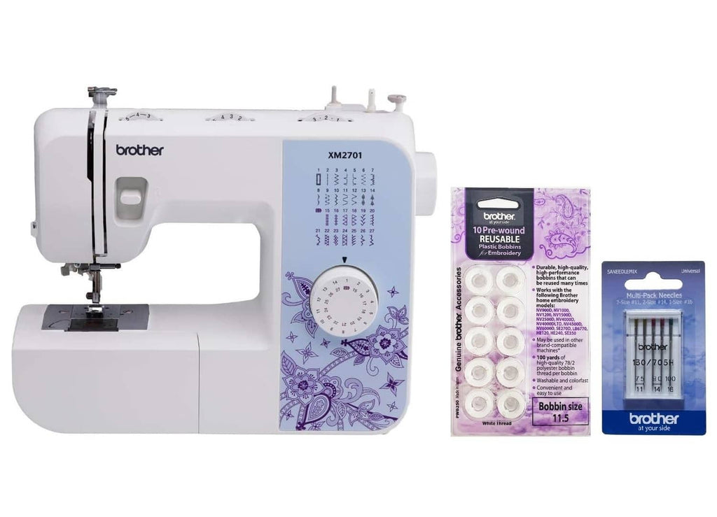 White Brother XM2701 sewing machine with accessories, bobbins, and needles kit