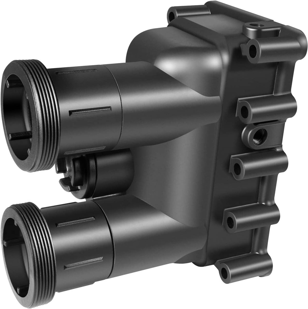 Black plastic pool heater manifold assembly with connected pipe ports and fittings