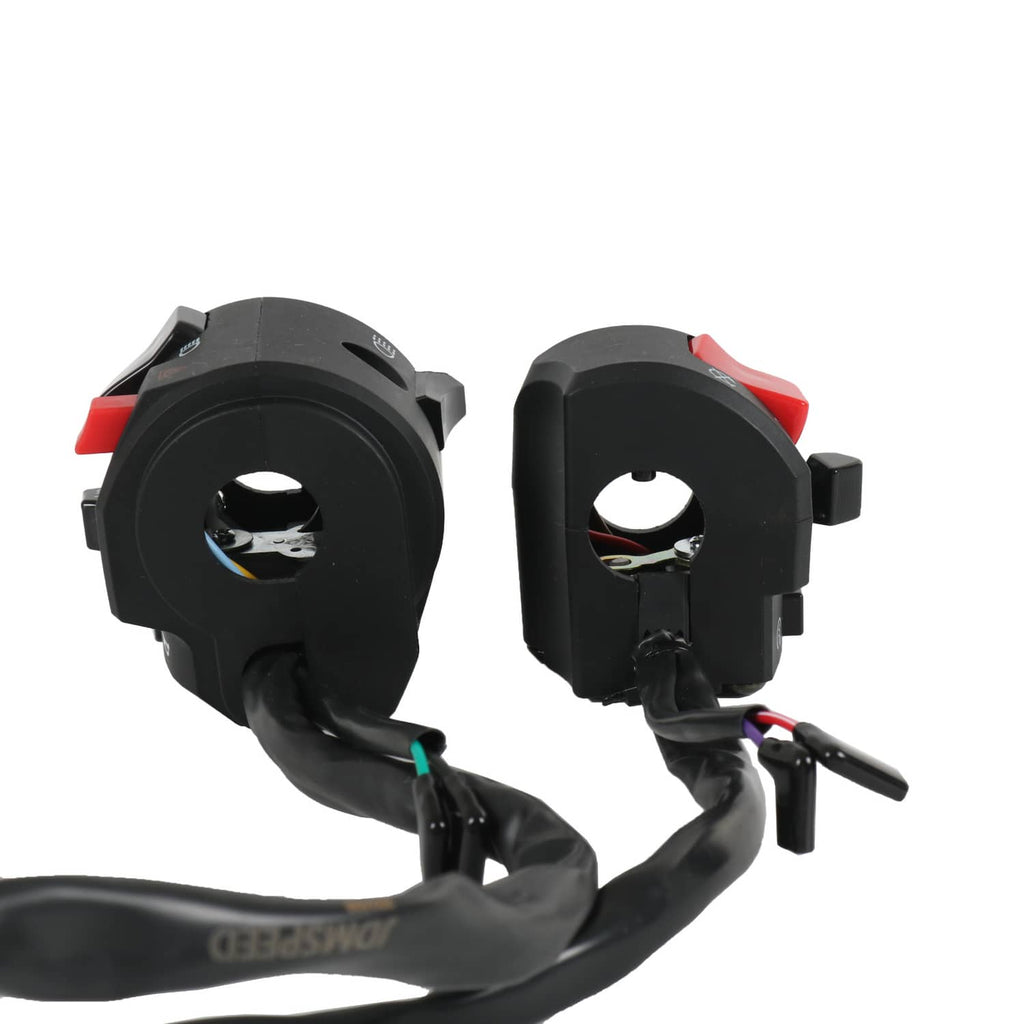 Motorcycle handlebar switch housings with red inserts and cable pigtails