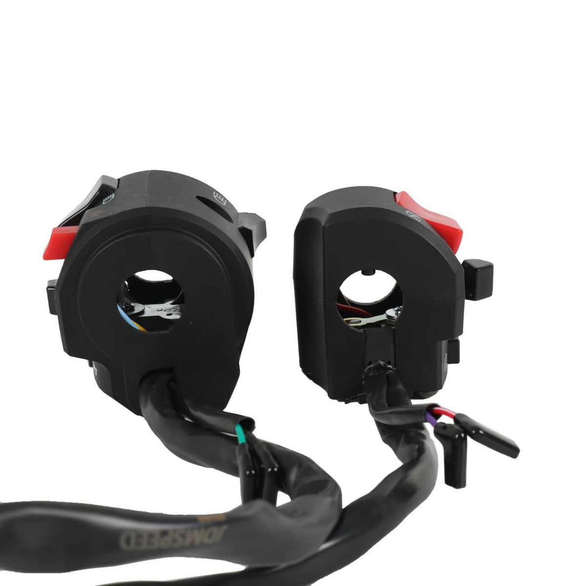 Motorcycle handlebar switch housings with red inserts and cable pigtails