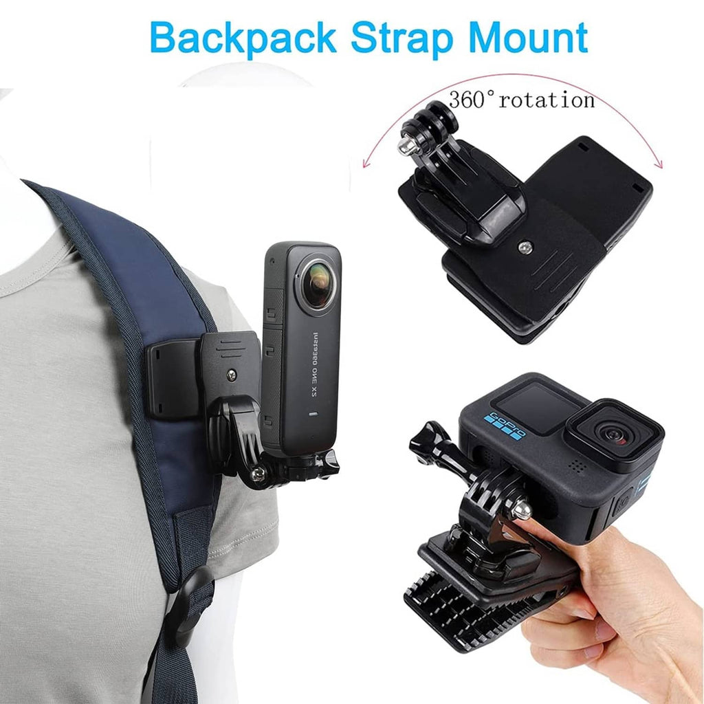 Backpack strap mount with rotating camera bracket and mounting straps