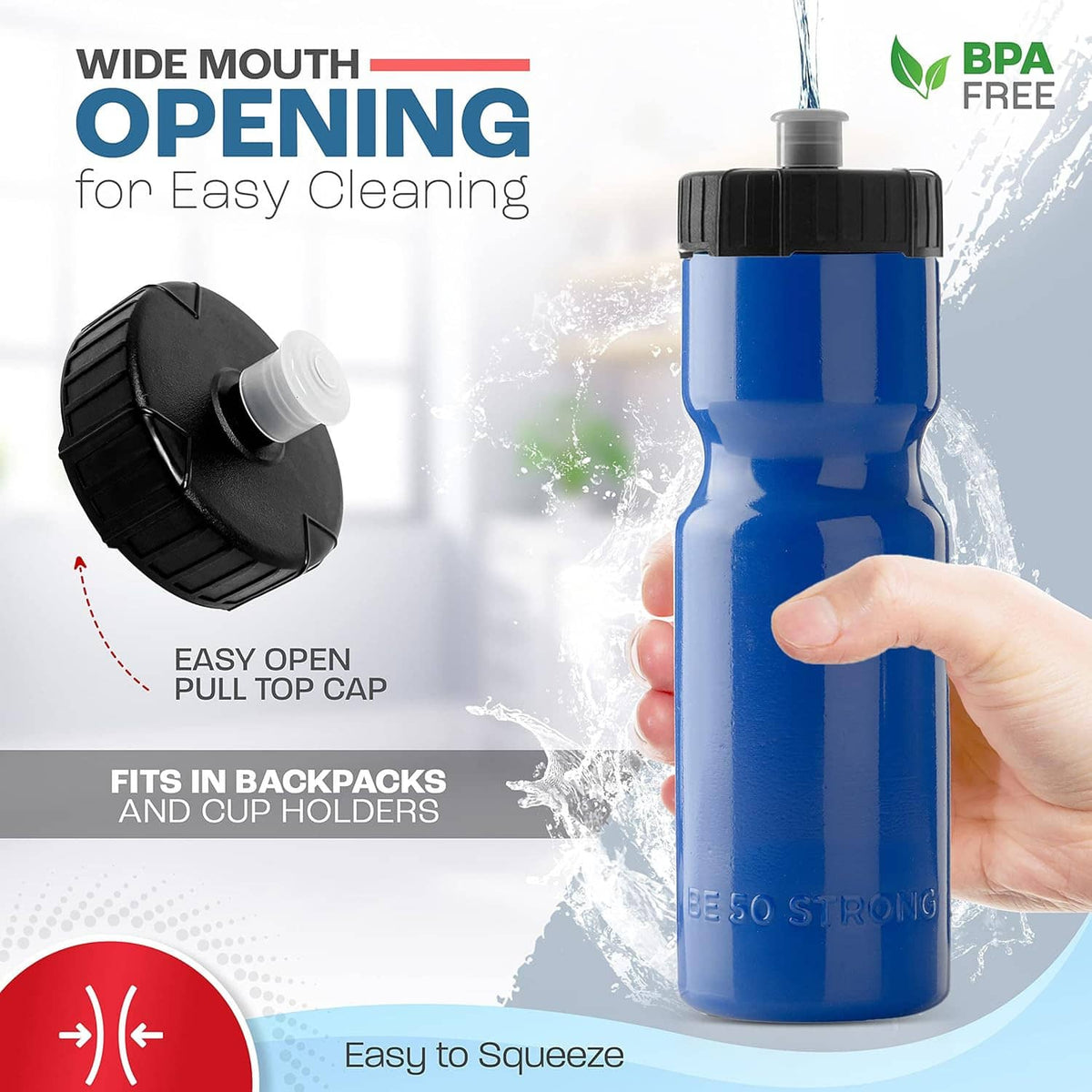 Single blue wide-mouth sports water bottle with black pull-top cap