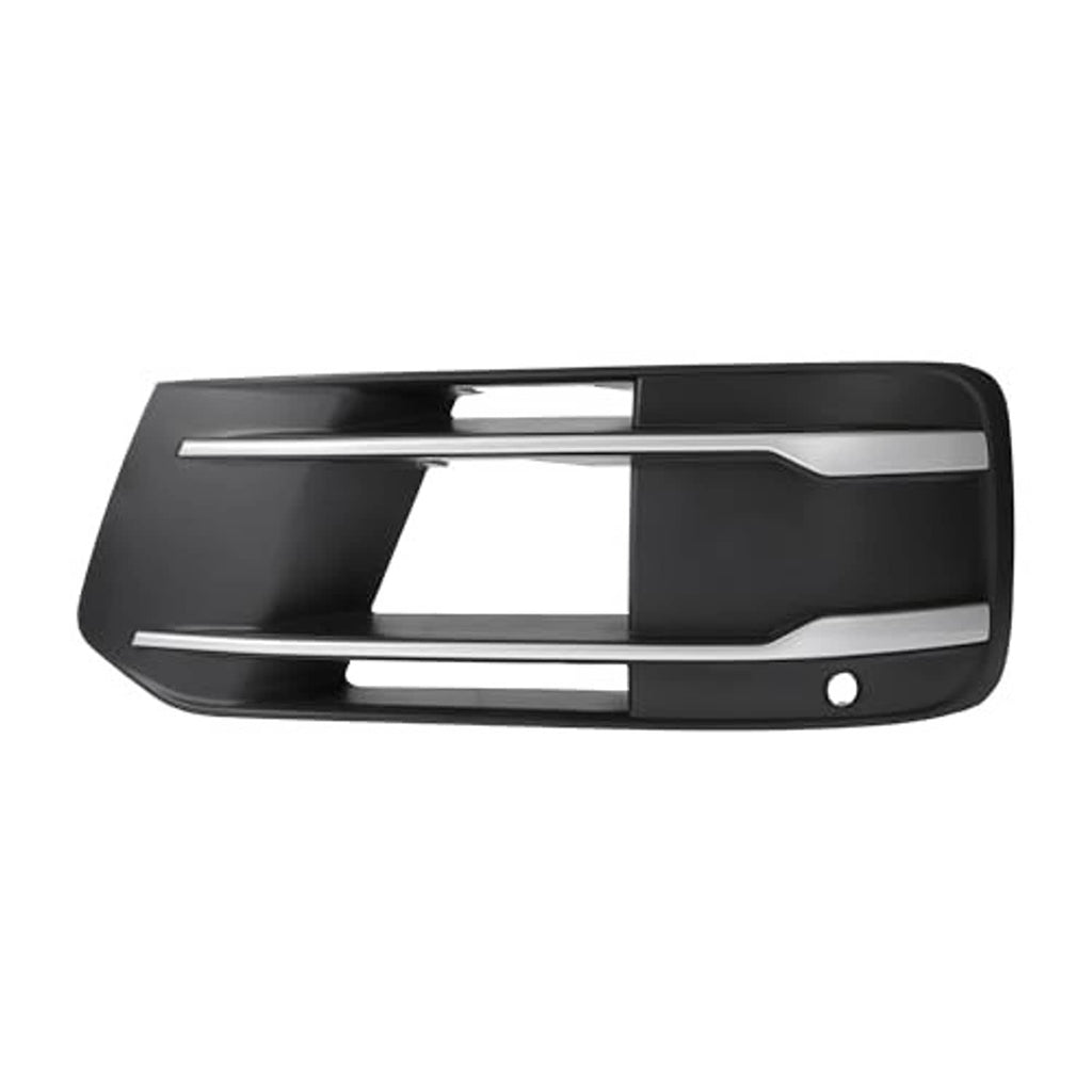 Black fog light grill cover with chrome trim bars and round mounting hole