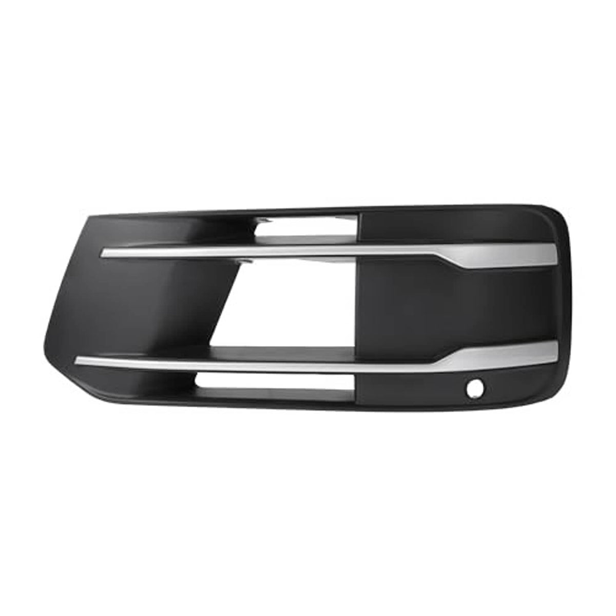 Black fog light grill cover with chrome trim bars and round mounting hole