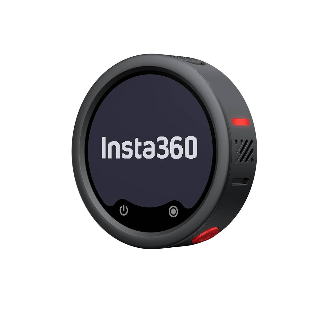 Graphite black wireless mini lavalier transmitter with Insta360 logo and red indicator