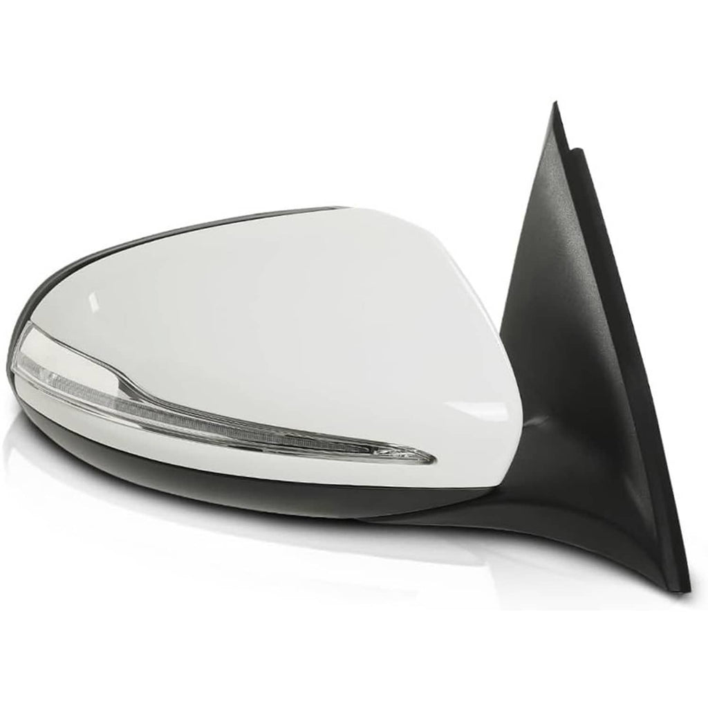 Heated blind spot side mirror with white cap, black housing, right-side view
