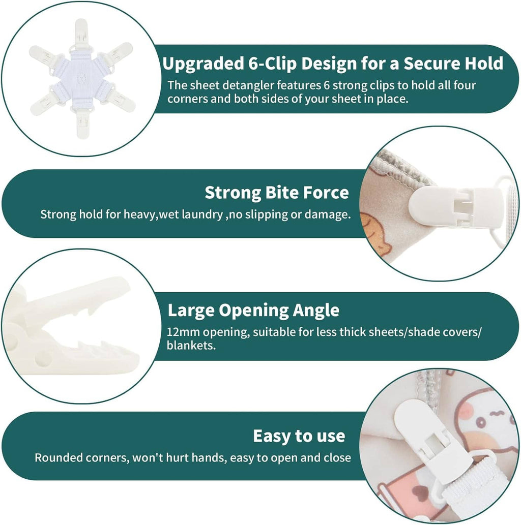 Bed sheet detangler with 6 clips, white buckles and light blue elastic straps