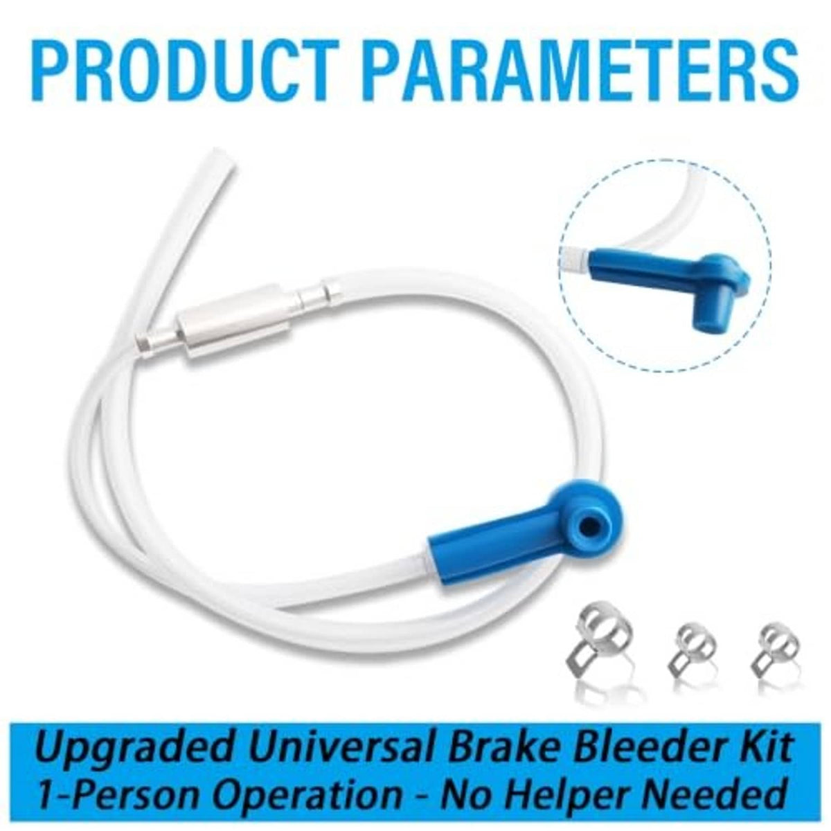 Universal brake bleeder kit with blue quick-connect adapter and white hose