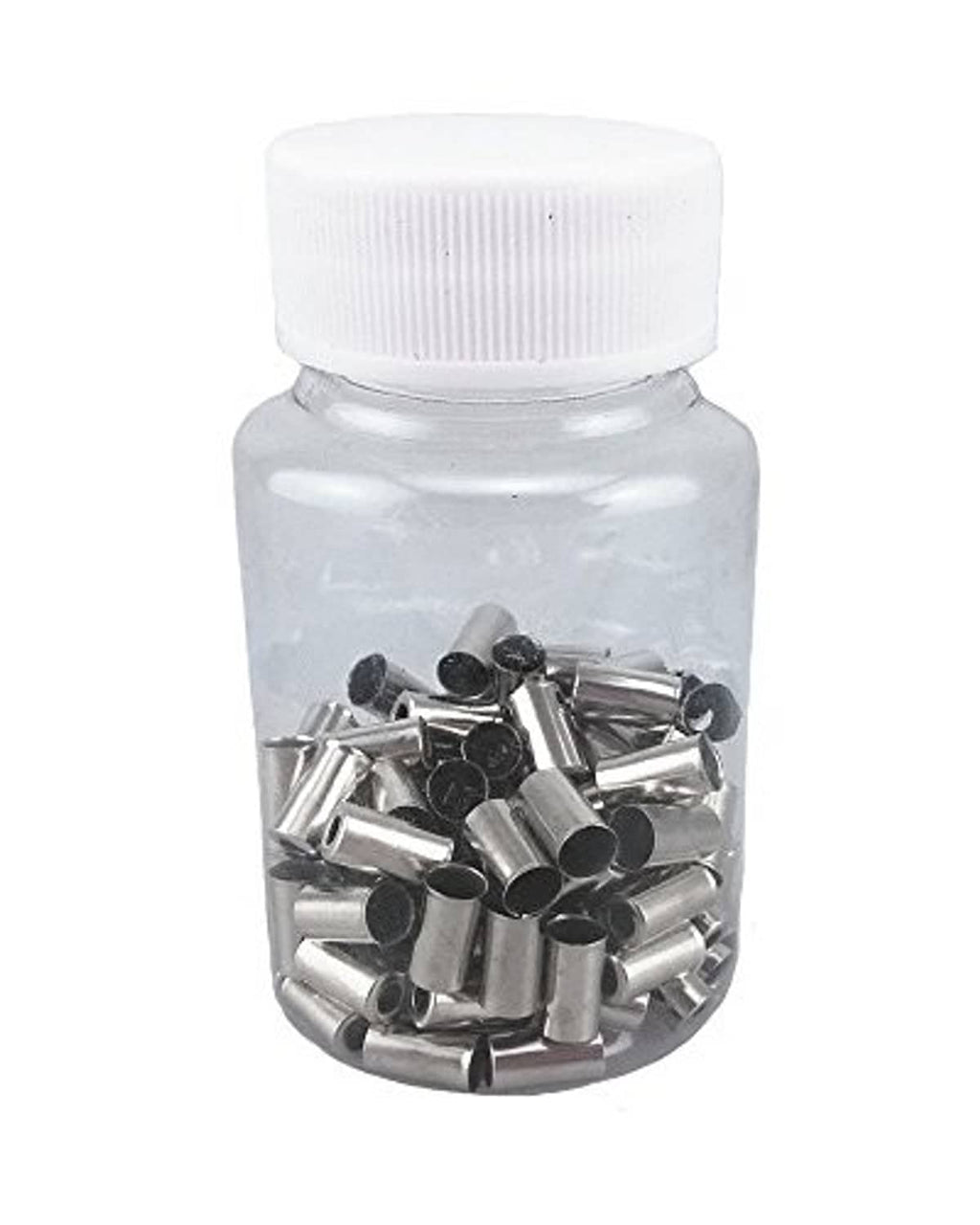 Bike brake cable ferrules set, shiny silver metal pieces in a small bottle