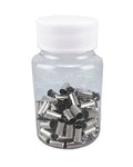 Bike brake cable ferrules set, shiny silver metal pieces in a small bottle
