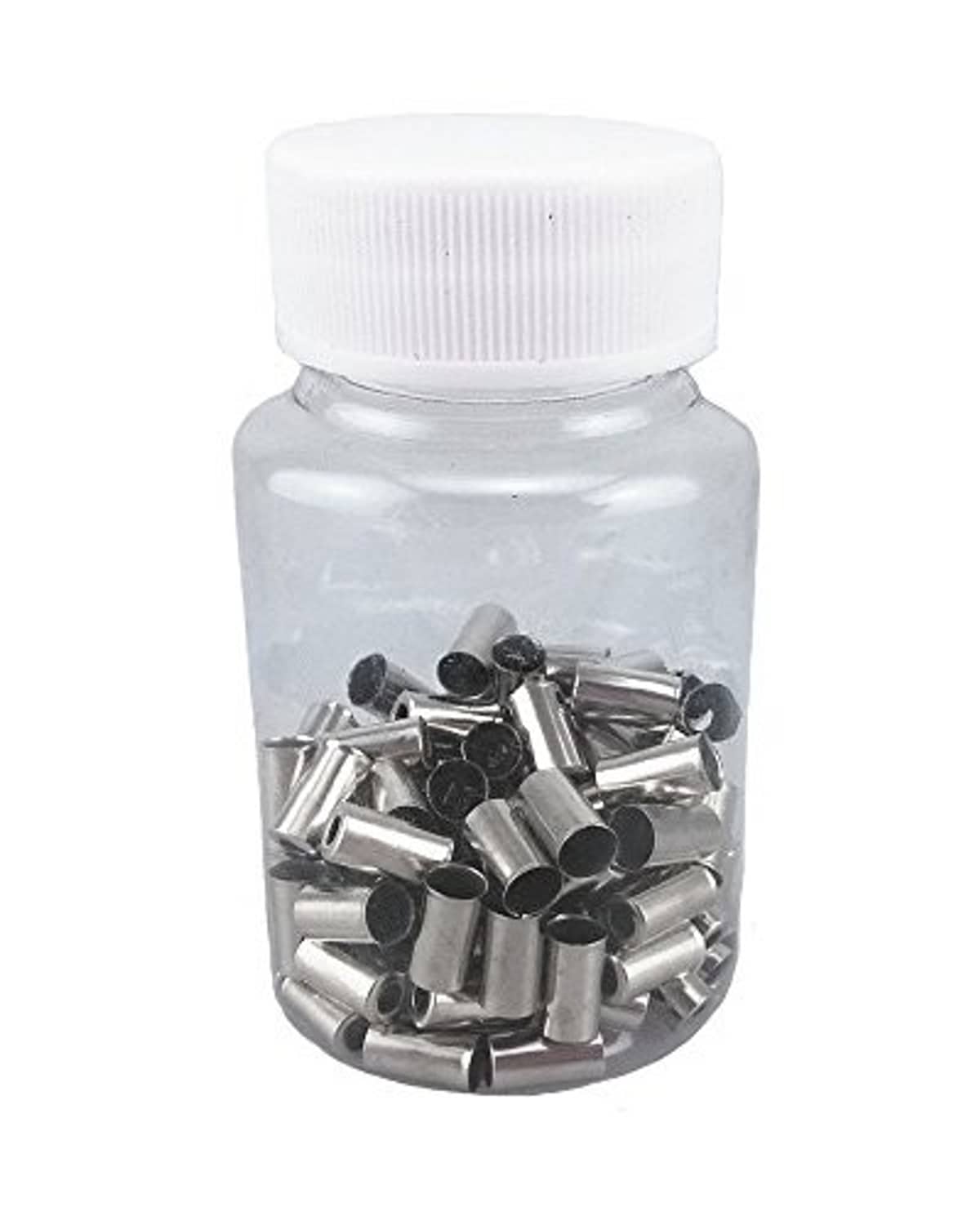 Bike brake cable ferrules set, shiny silver metal pieces in a small bottle