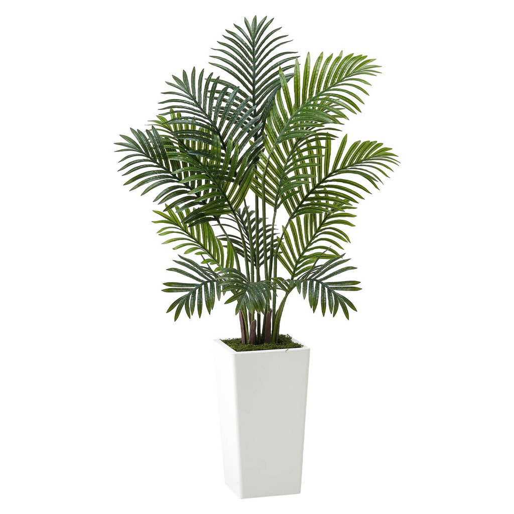 Artificial areca palm tree with green fronds in a white square pot