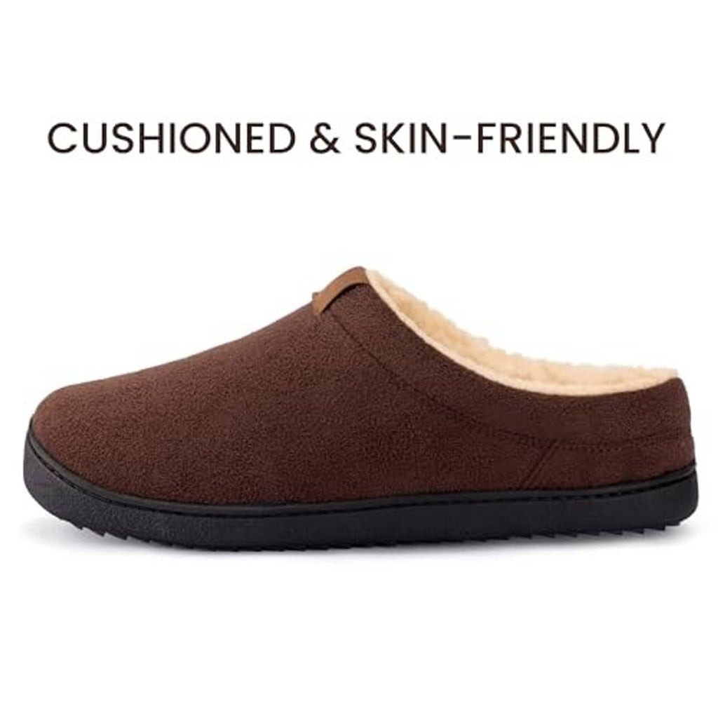 Dark brown suede slip-on moccasin slipper with cream fleece trim and cushioned sole