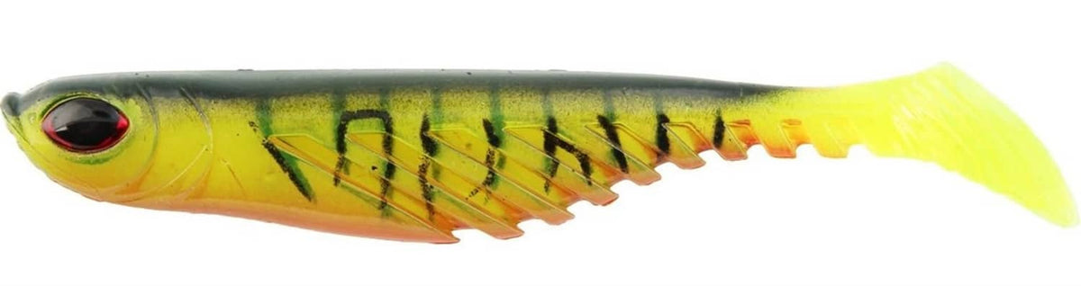 Firetiger ripple shad fishing lure, orange-yellow body with green striped pattern
