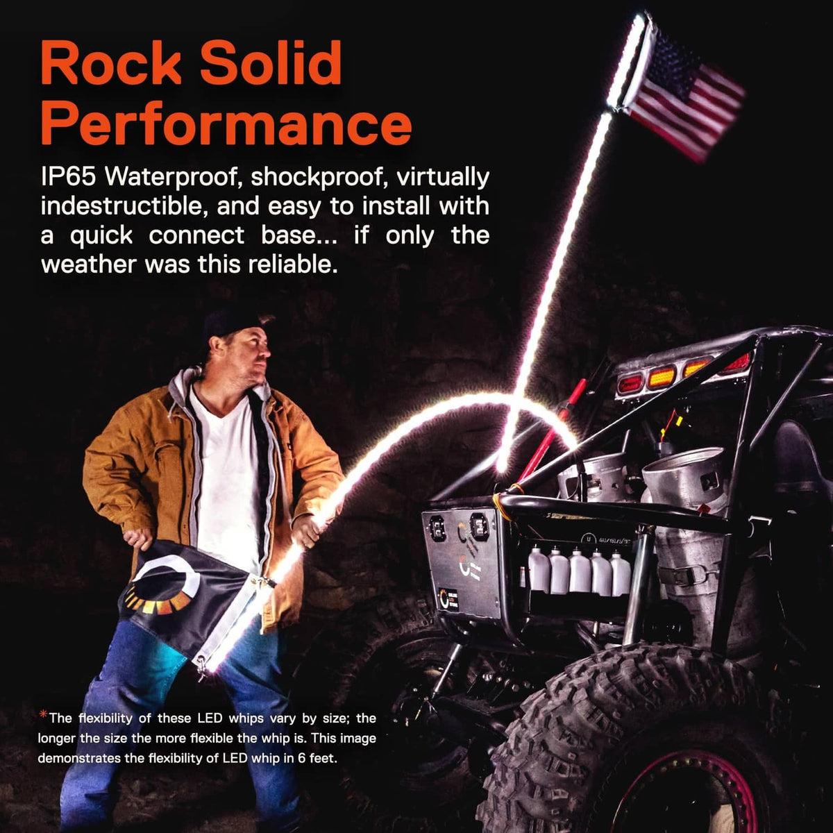 Rugged spiral LED whip lights with bright white light, black housings, quick-connect