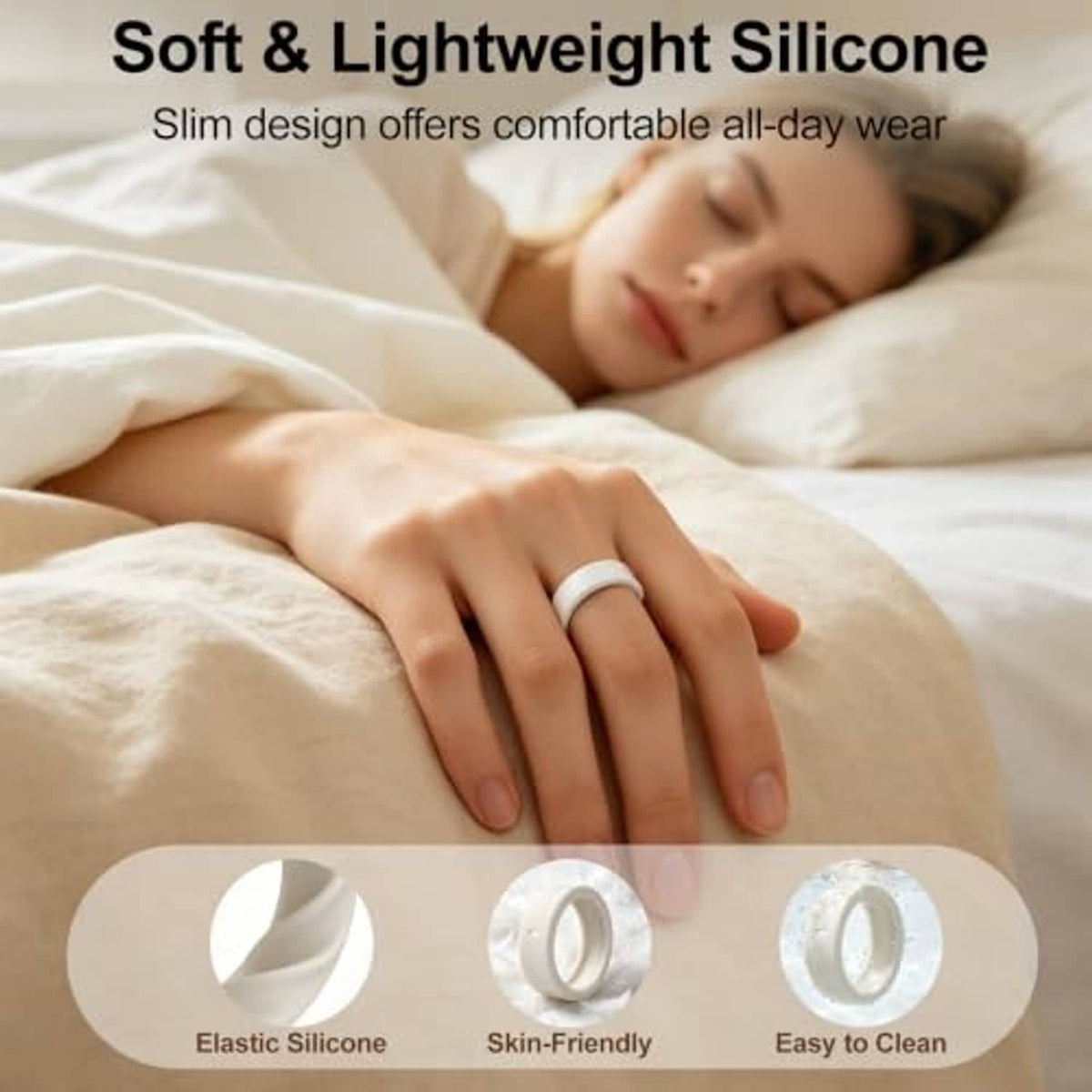 White silicone ring cover on hand resting on bed for comfortable wear