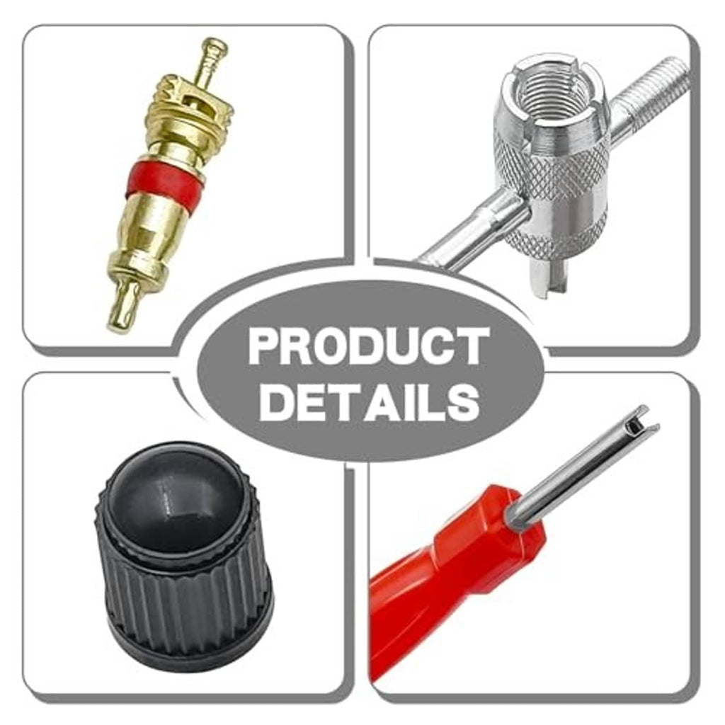 Valve core remover tool details: gold insert, black cap, and red-handled shaft tool
