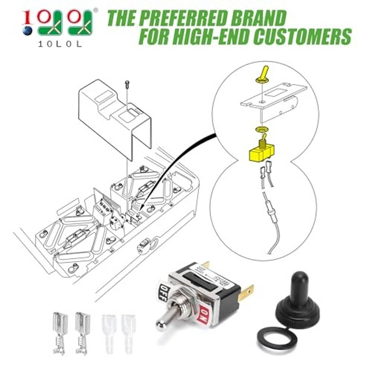 Tow/run switch kit with diagram pieces: switch, terminals, and black rubber boot