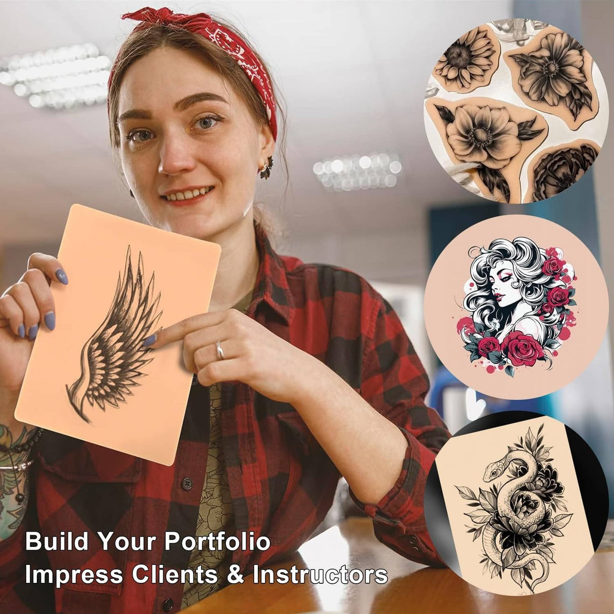 Beige practice skin sheet held by artist, with floral tattoo designs