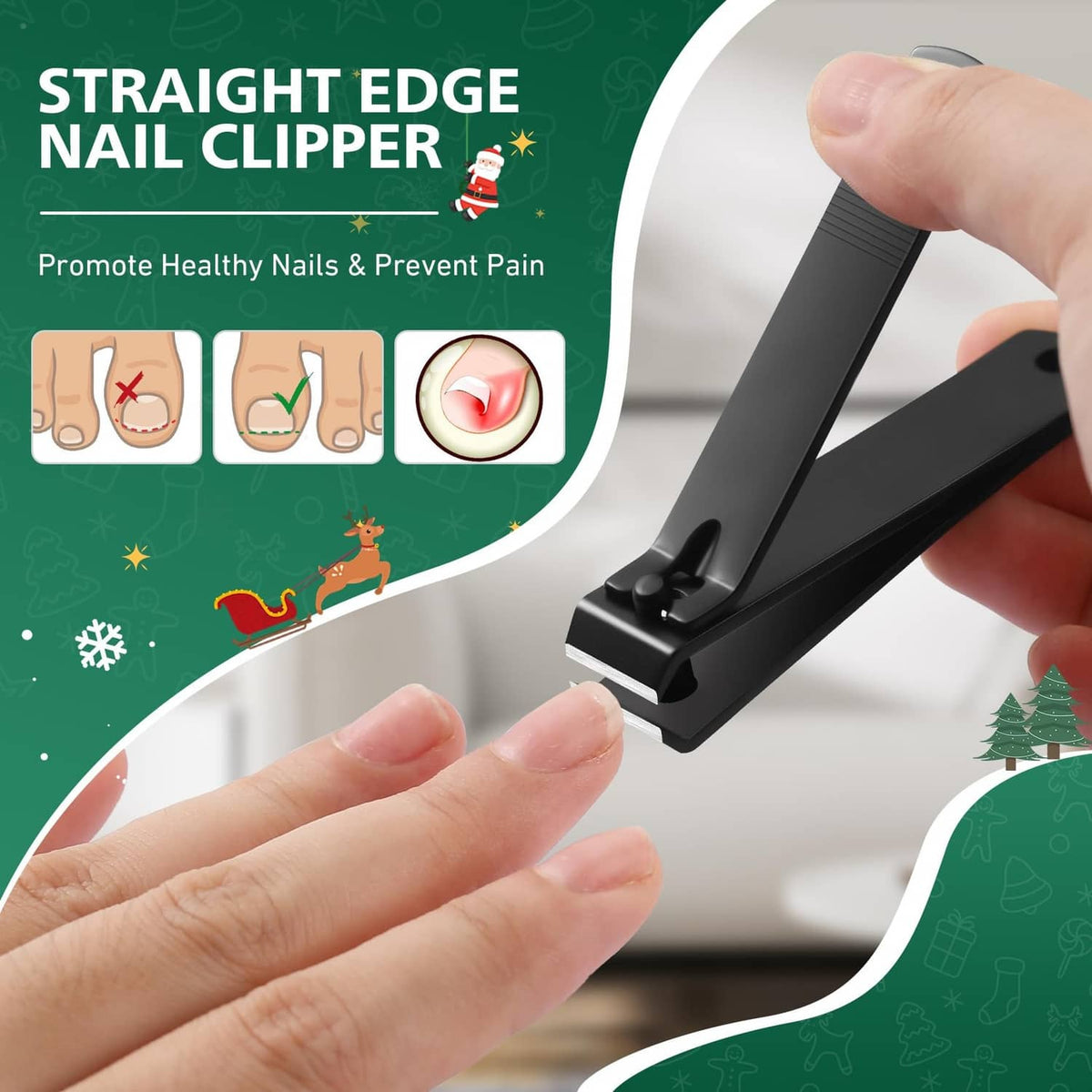 Black straight-edge toenail clippers held in hand for trimming thick nails