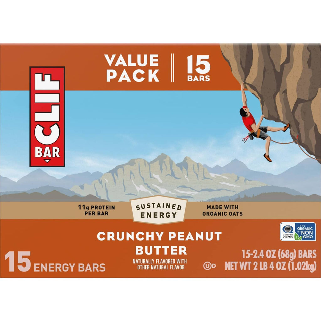 CLIF Bar value pack box front showing crunchy peanut butter and 15 bars
