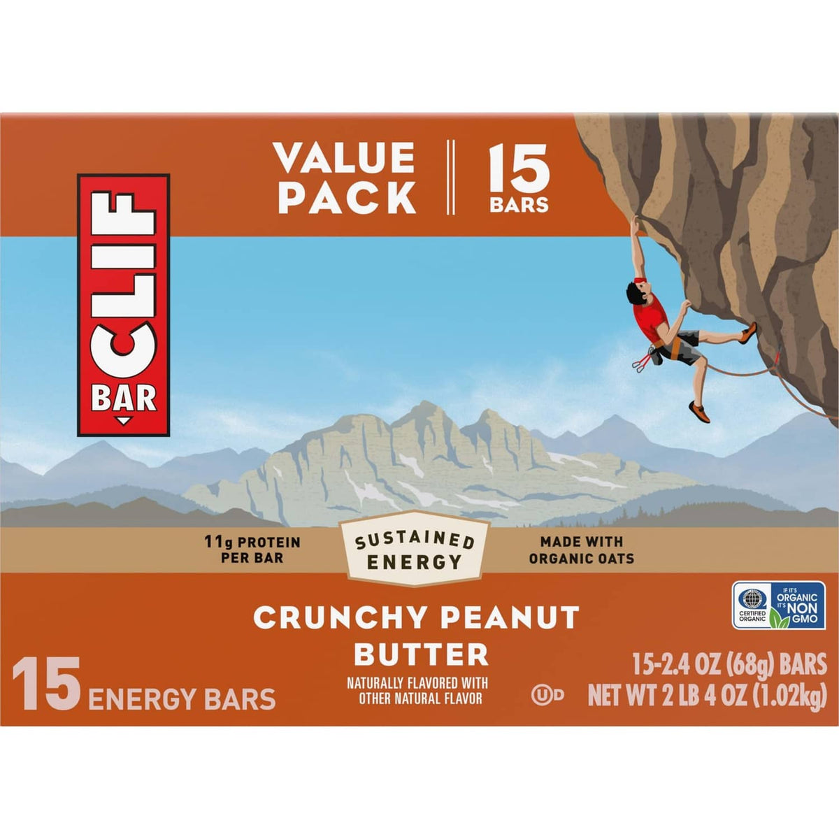 CLIF Bar value pack box front showing crunchy peanut butter and 15 bars