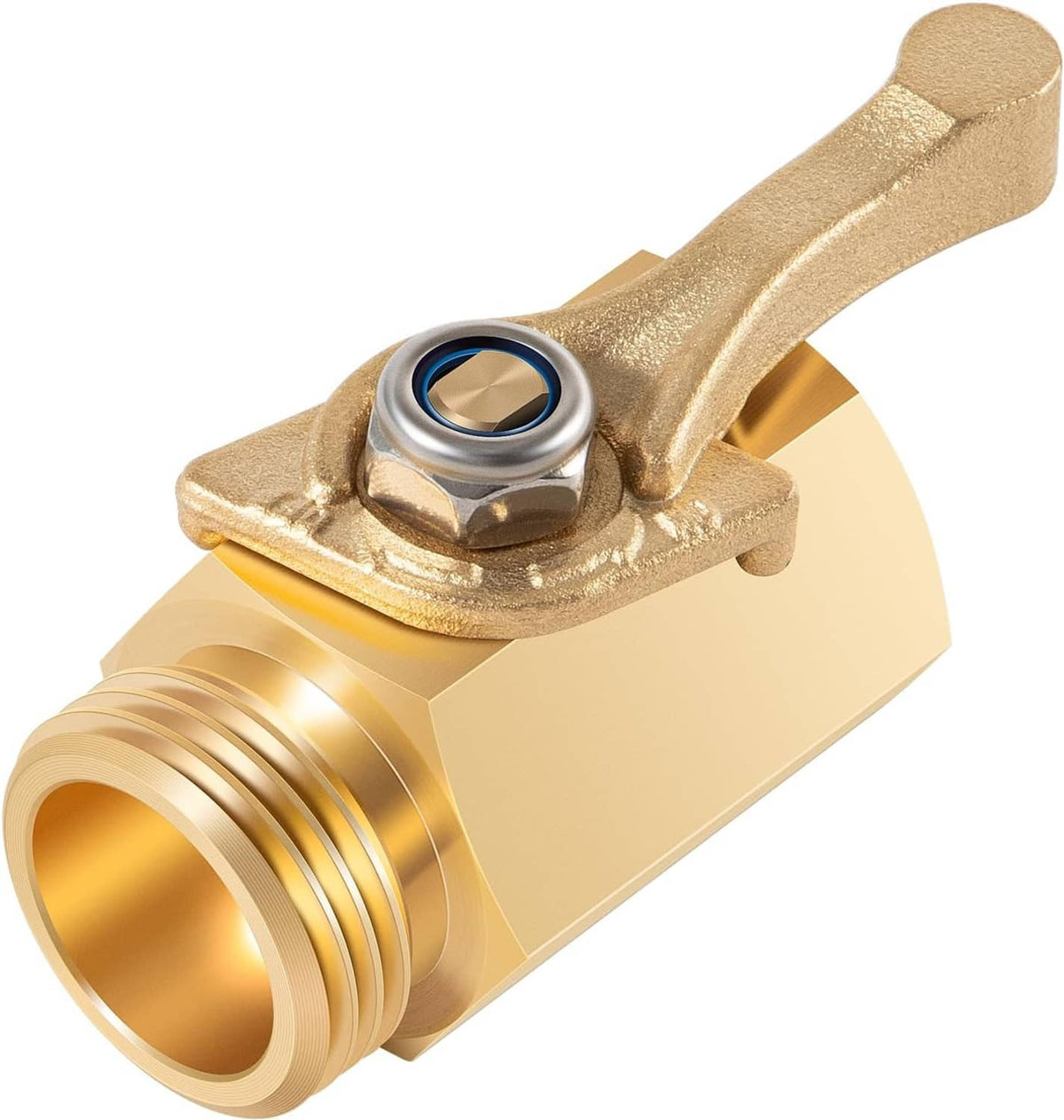 Brass shut-off valve close-up with quarter-turn lever and inlet threads