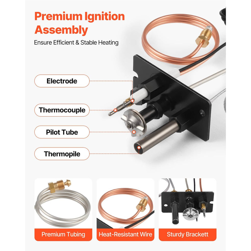 Natural gas pilot ignition assembly components on black bracket: electrode, thermocouple, pilot tube