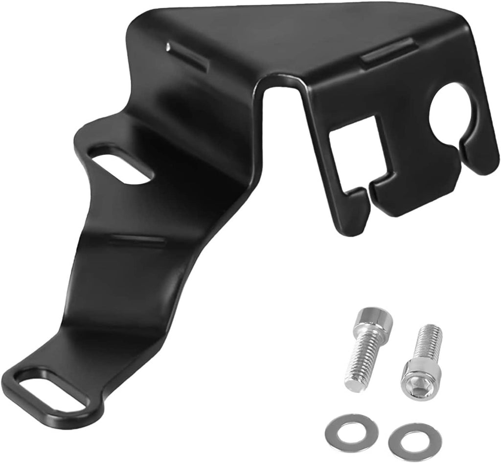 Black throttle cable bracket kit with mounting bolts and washers included.