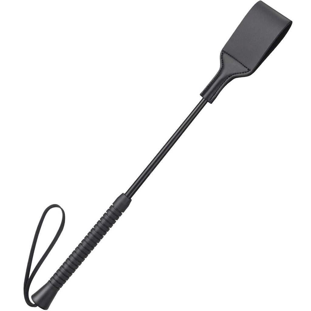 Black 18-inch horse riding crop with textured grip and leather cuff