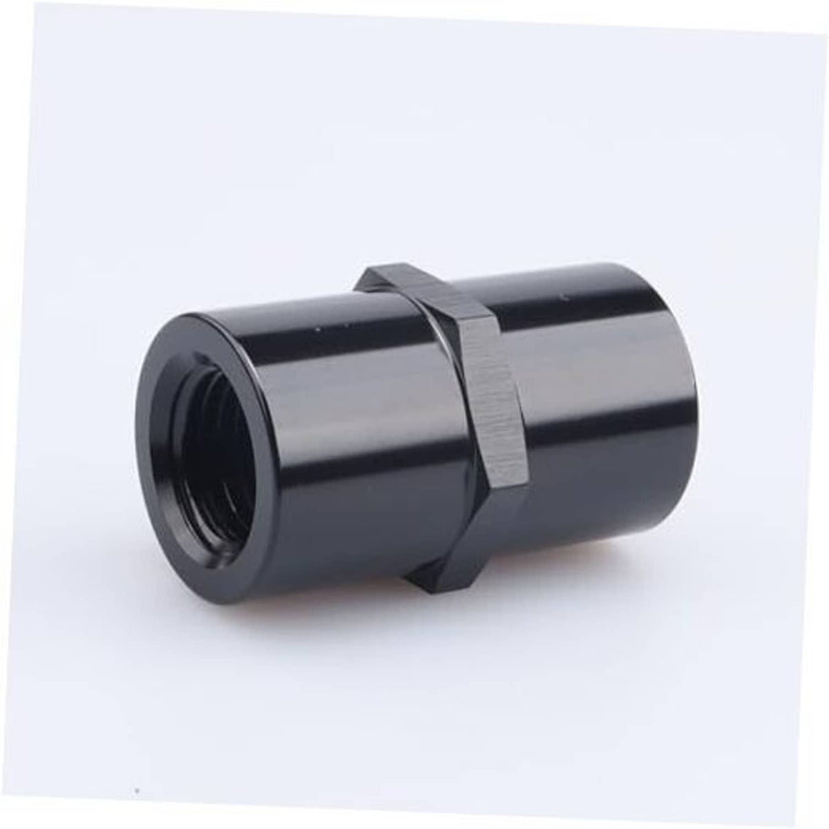 Black aluminum 1/4 in NPT female piping coupler with internal threads
