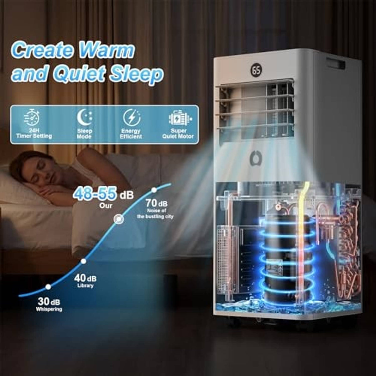 Gray portable air conditioner internal view with glowing components behind front grille