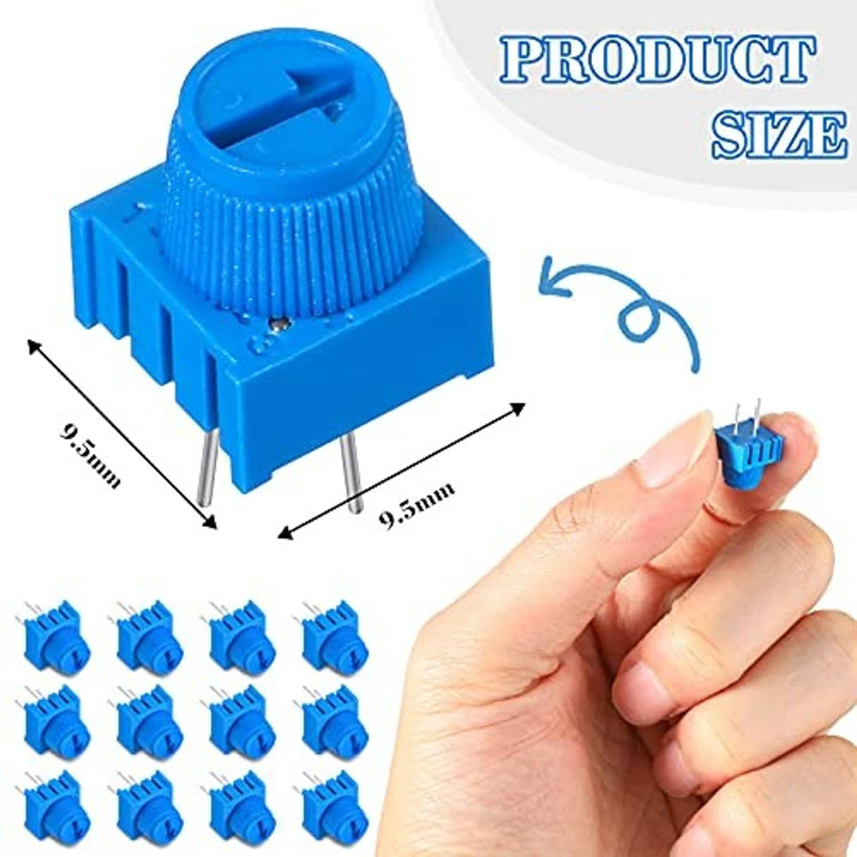 Blue potentiometer with large ridged knob and three straight metal pins