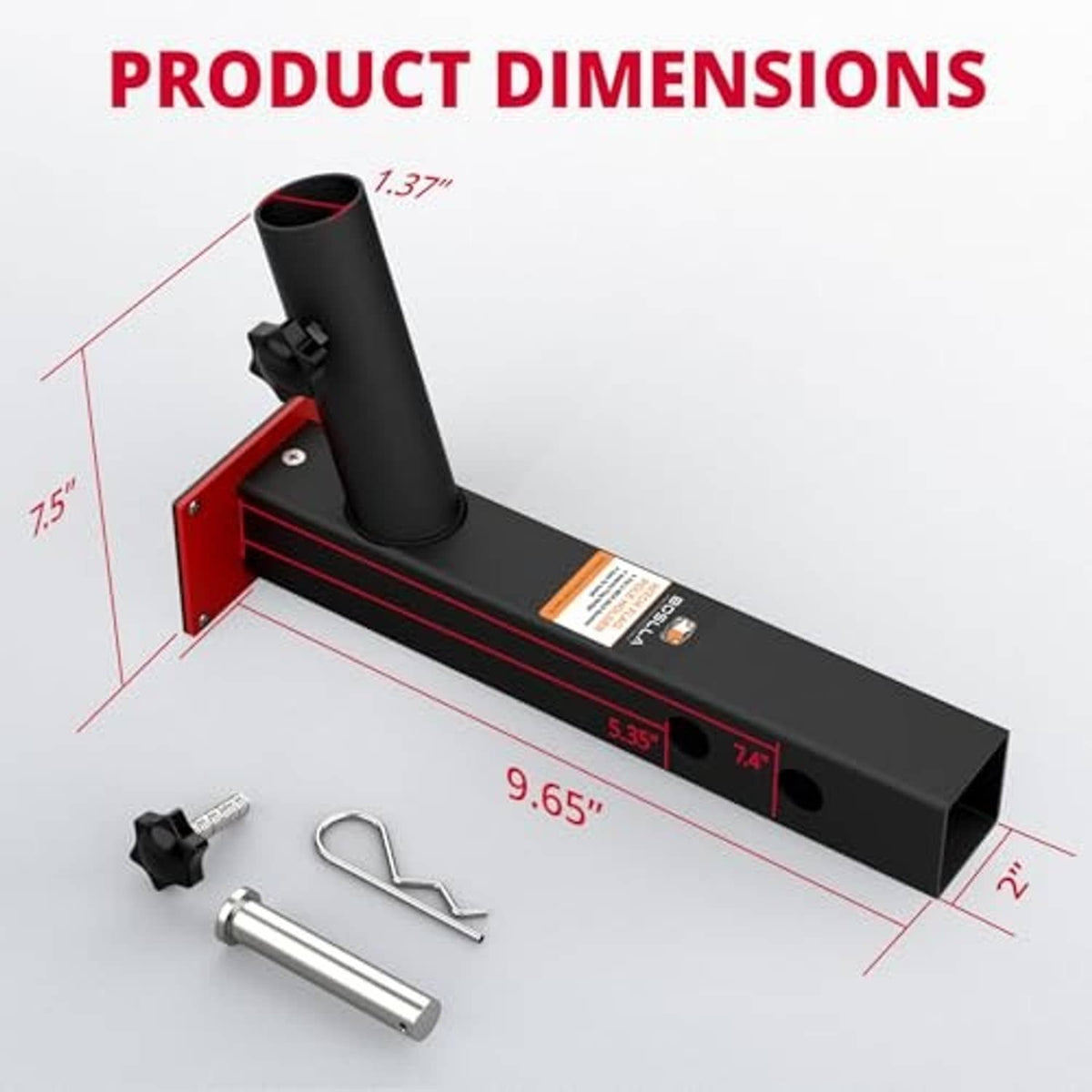 Black hitch flagpole holder with pole tube and red accent panel, size diagram