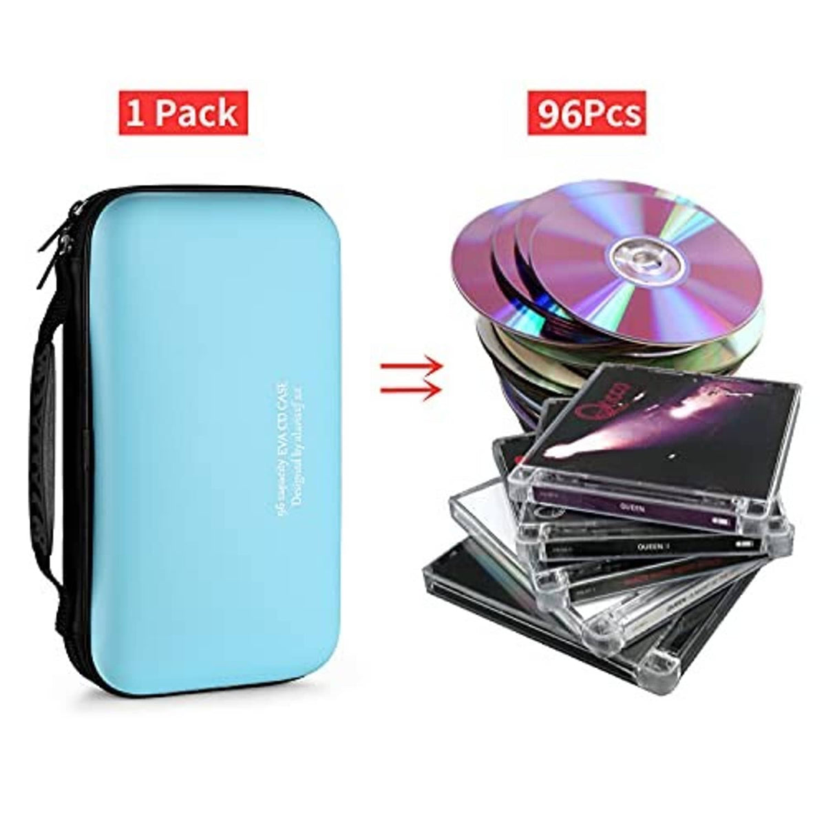 Sky blue EVA DVD/CD case with zip closure; 96 disc capacity shown