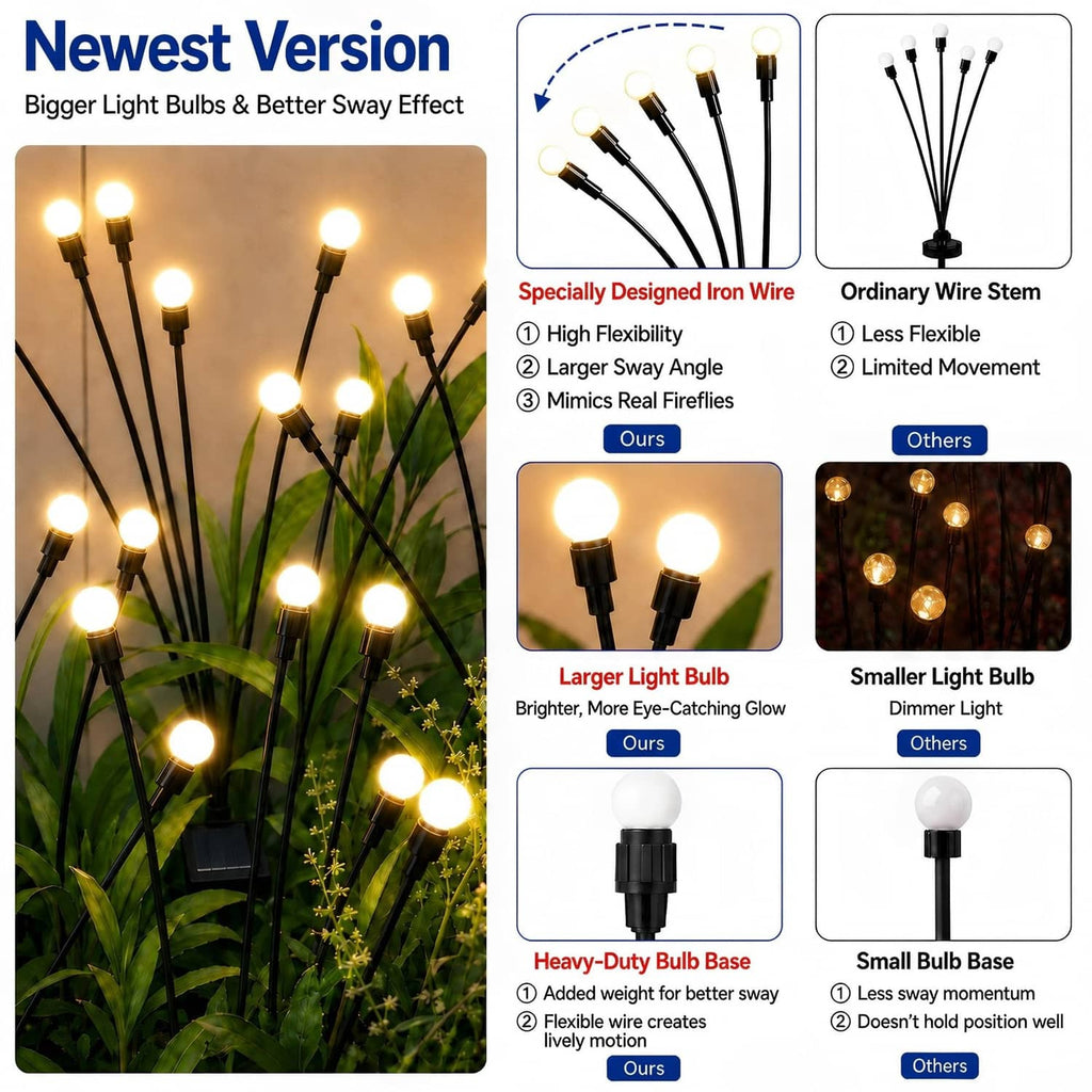 Solar garden light set with flexible black stems and warm white LED bulbs, 6-pack