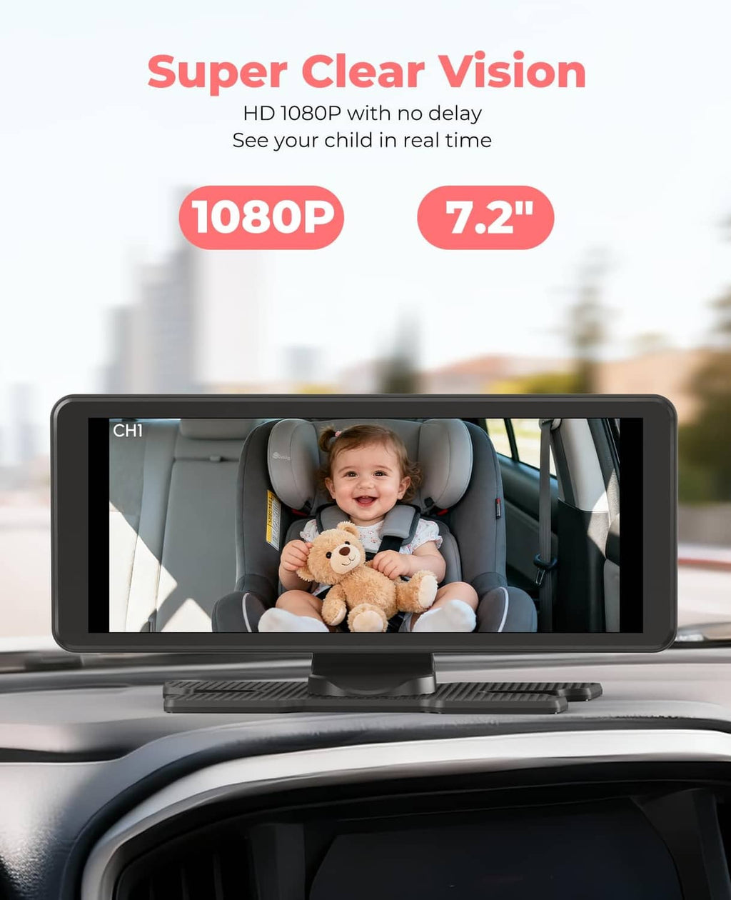 7.2-inch baby monitor on dashboard showing a baby in a car seat