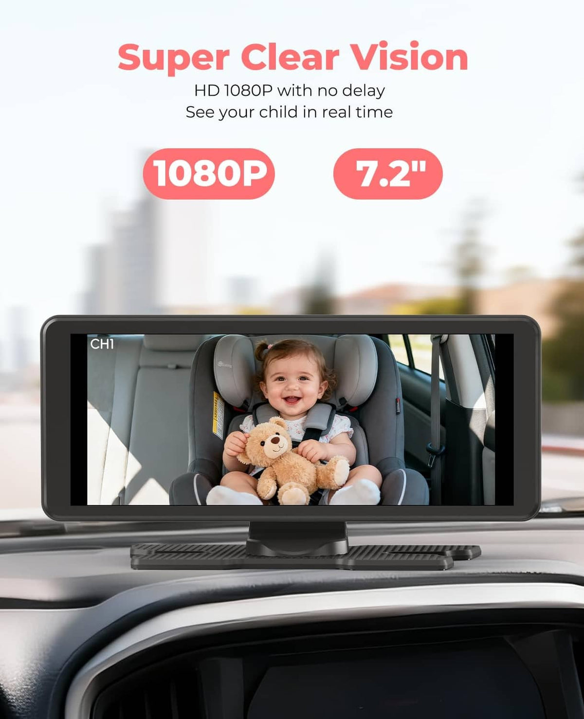 7.2-inch baby monitor on dashboard showing a baby in a car seat