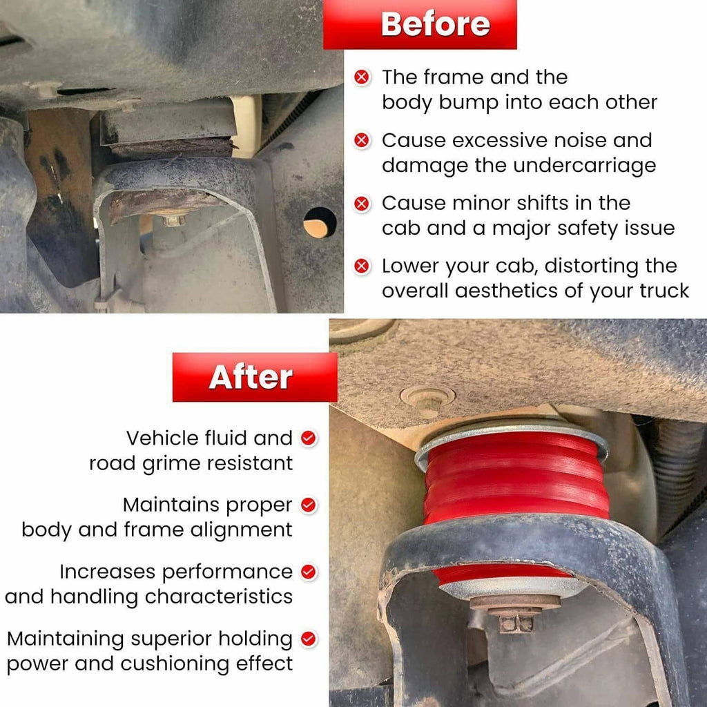 Body mount bushing kit after installation showing red bushing on vehicle suspension