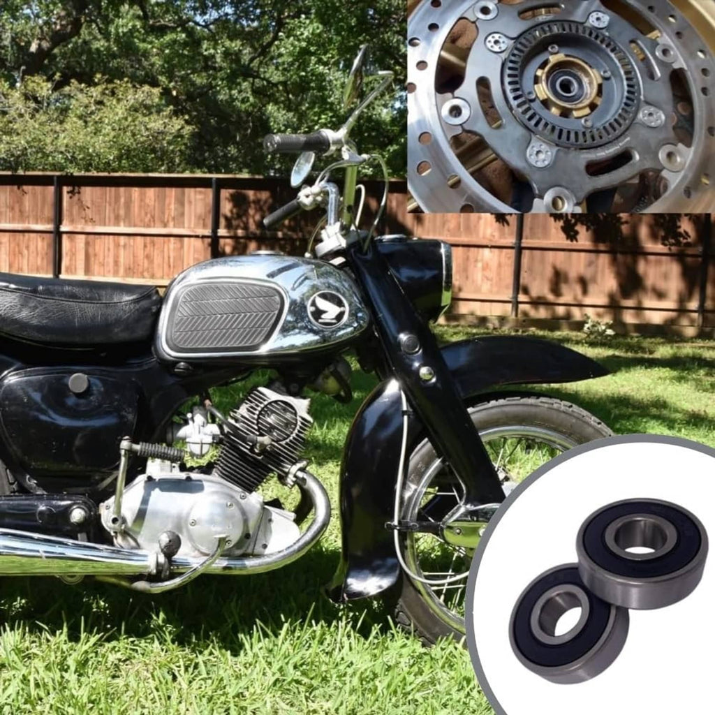 Double-sealed ball bearing pair in inset circle, metal rings with black rubber seals