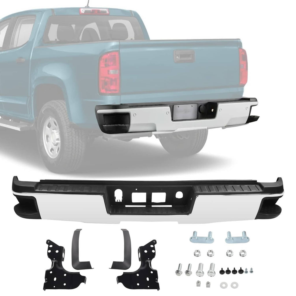 Chrome rear step bumper assembly with black trim, brackets, and mounting hardware
