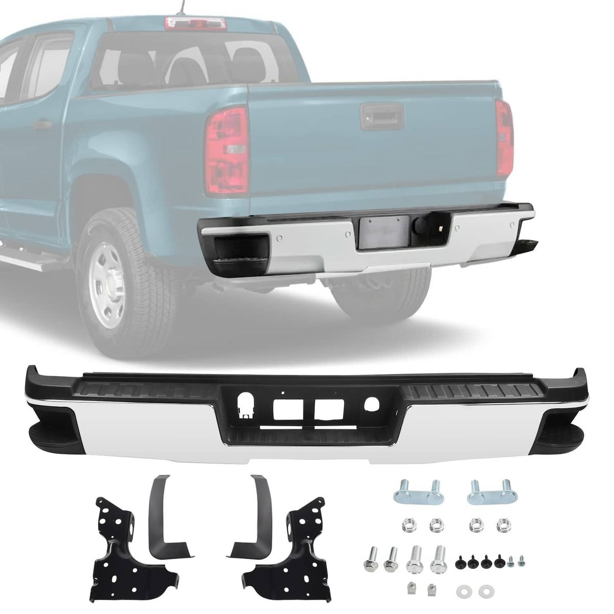 Chrome rear step bumper assembly with black trim, brackets, and mounting hardware