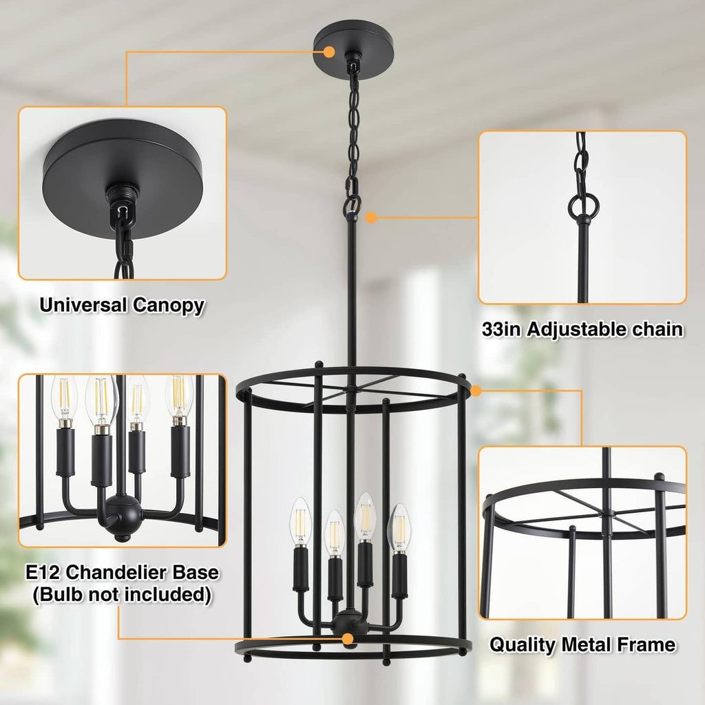 Matte black 4-light chandelier detail showing universal canopy and adjustable chain