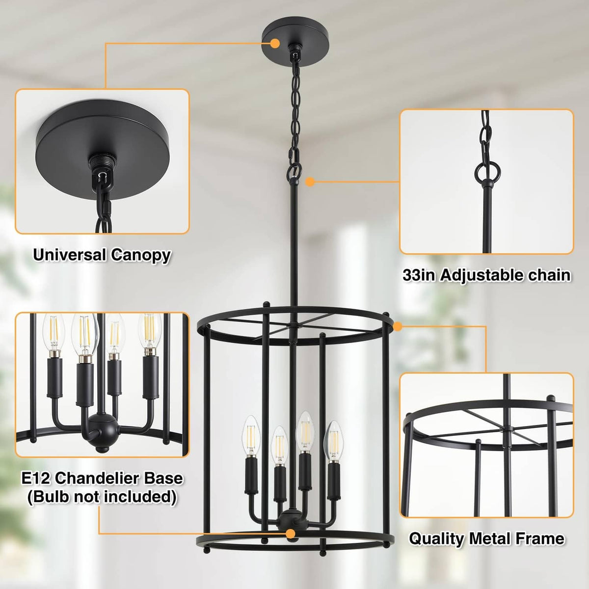 Matte black 4-light chandelier detail showing universal canopy and adjustable chain
