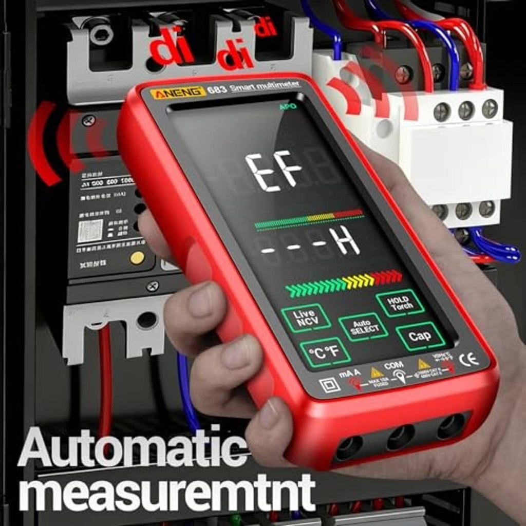 Red smart multimeter held in hand with touchscreen showing measurement indicators
