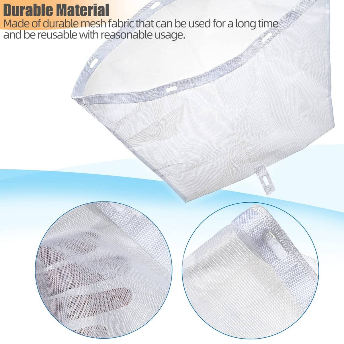 White mesh filter net bag with gray edge trim and reinforced fabric texture