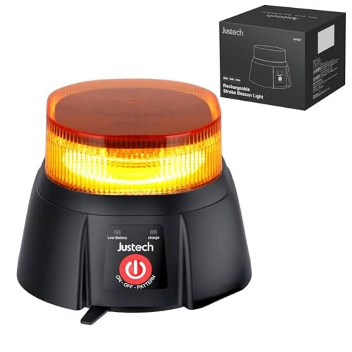 Amber warning strobe beacon light with black base and raised side tab